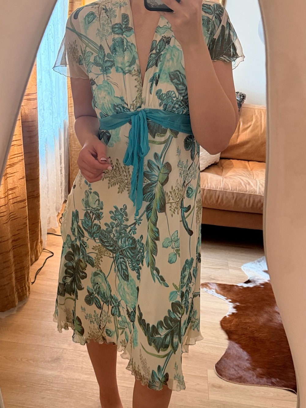 Vintage Cream Floral Tie-Waist Dress with Green and Blue Accents